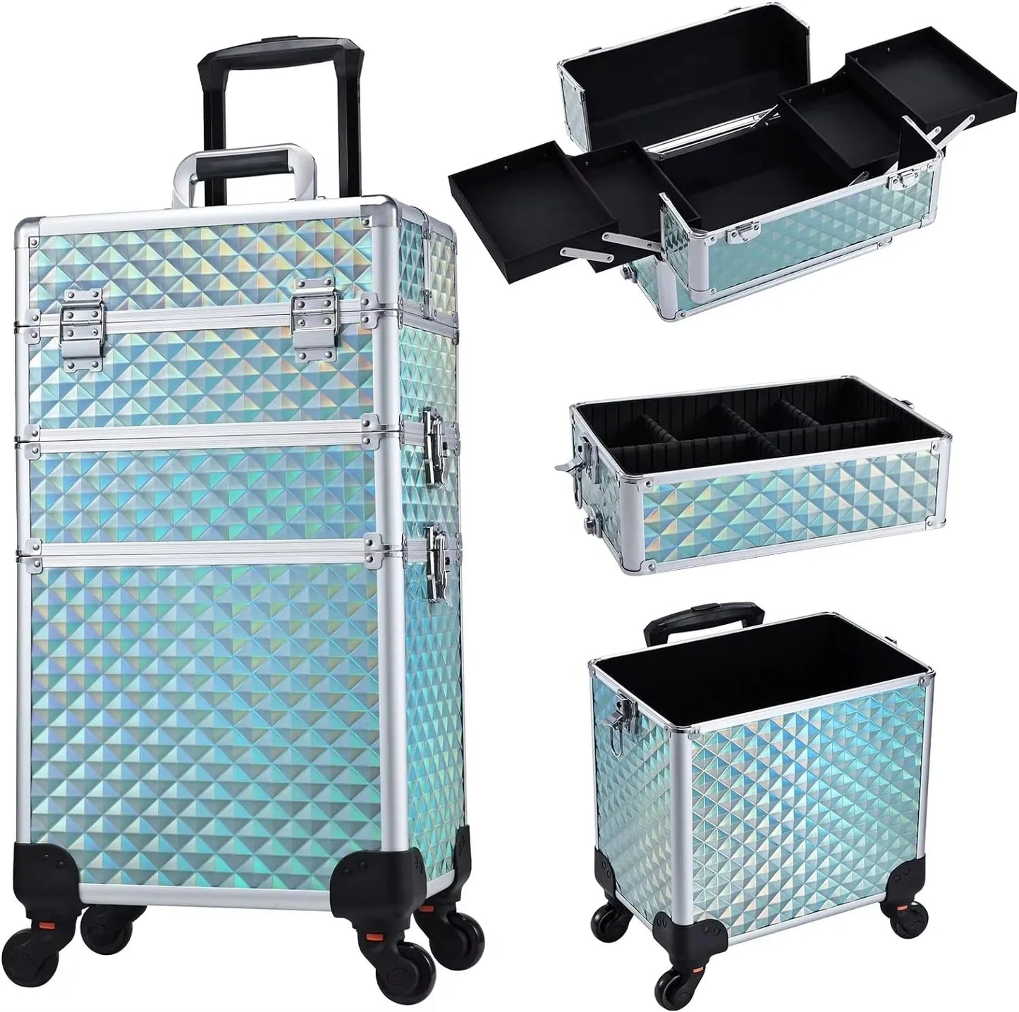 Rolling Makeup Case 3 In 1 Removable Make Up Case Cosmetology Case On Wheels Large Capacity Lockable Makeup Trolley For Salon