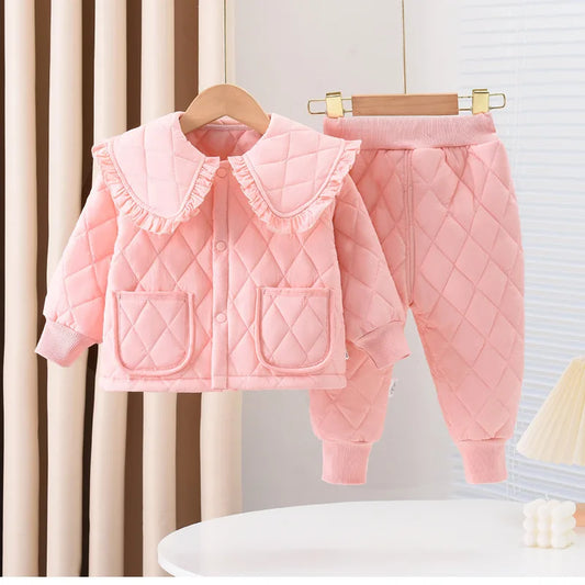 2024 Girls Winter Sets Baby Clip Cotton Warm Two-Piece Autumn New Children Lapel Solid Colour Fashion Casaual Suit 12M-6 Years