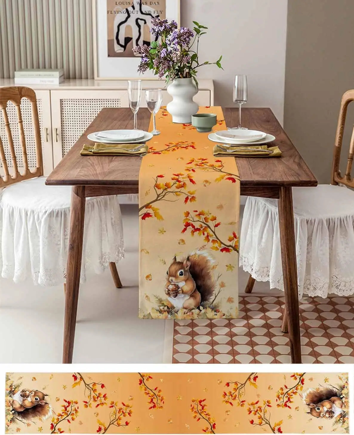 Autumn Squirrel Maple Leaves Printed Linen Table Runners Thanksgiving Fall Season Dresser Scarf Table Decor Holiday Party Decor