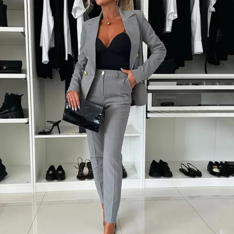 Wefads Autumn Two Piece Suit Office Fashion Solid Lapel Long Sleeve Double Button Top Straight With Pockets Pants Set Streetwear