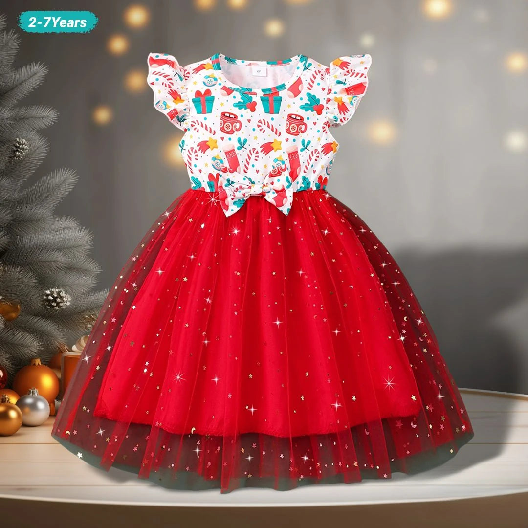 New Christmas Kids Girls Dress Summer Short Sleeve Bow  Gauze Children Dress Casual Soft Ventilate Sweet Girls Clothing 2-7Y