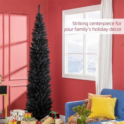 The 8-foot-tall artificial Christmas tree comes in a slim pencil style, with 618 branches adding a lush look to the tree