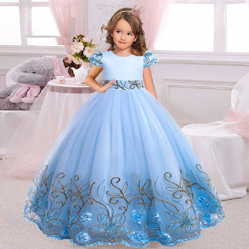 Girls lace sequin princess dress 2024 new children's embroidered bow puffy dress carnival birthday Christmas performance clothin