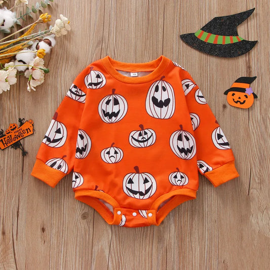 Halloween New Born Baby Girl Boy Bodysuit Fall Winter Clothes Evil Pumpkin Print Long Sleeve Crew Neck Bottom Snap Cute Jumpsuit