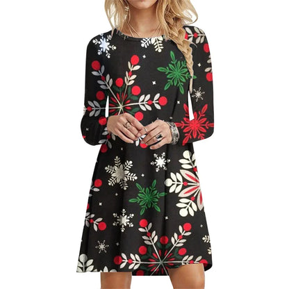 Winter Party Christmas Tree Dress Elegant Women X-Mas Snowflake Print A-Line Dress Autumn Casual Long Sleeve Oversized Clothing