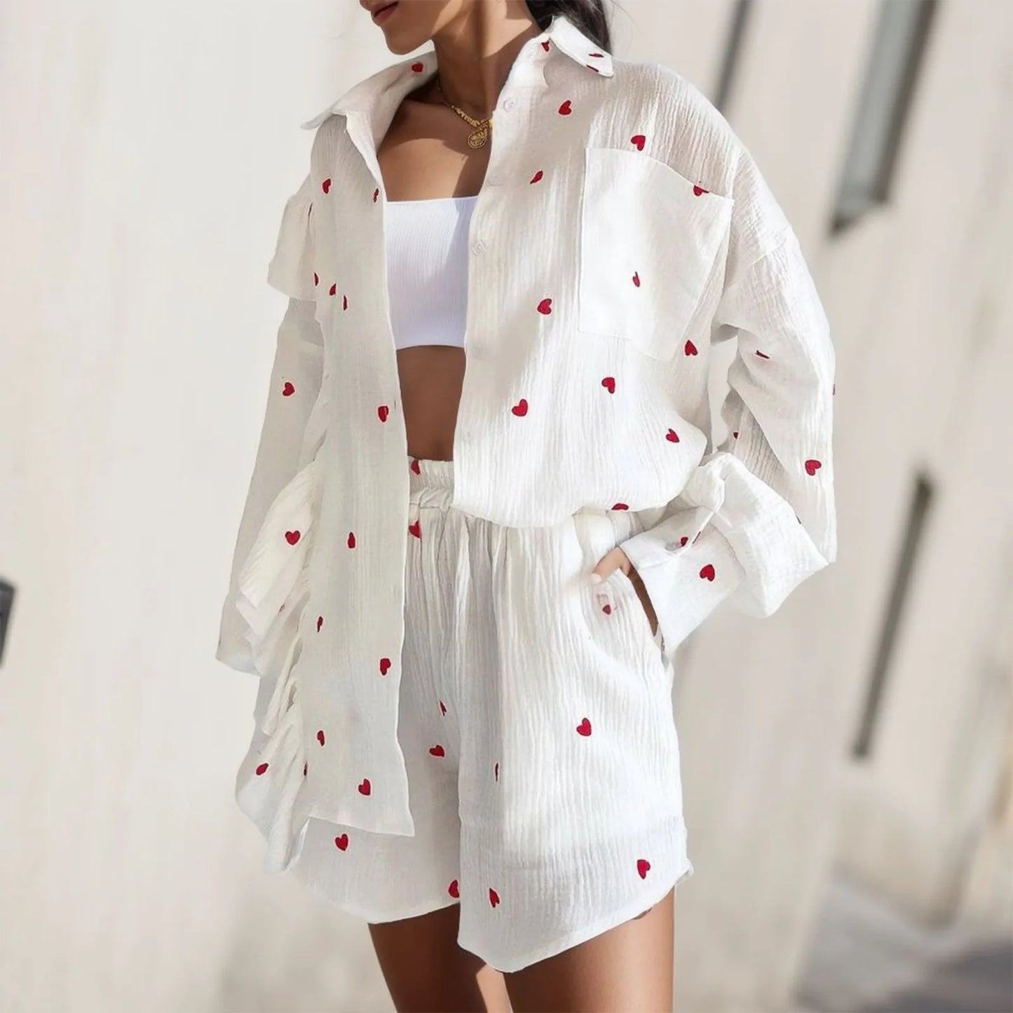 Cotton Linen Ruffle Shirt Shorts Two Piece Set for Women Summer Home Heart Pattern Long Sleeve Button Blouse Short Set Outfits