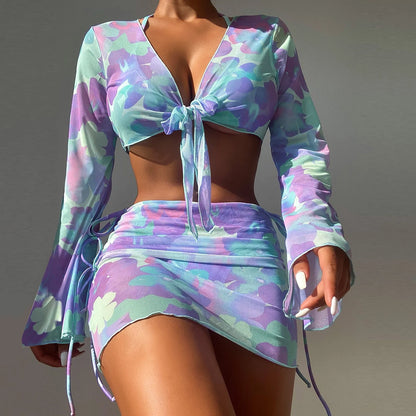 Women'S Split Swimsuit Purple Neck Tie Up Swimwear Skirt Bikini Four Piece Set Female Bathing Suit With Shorts Bottoms 비키니