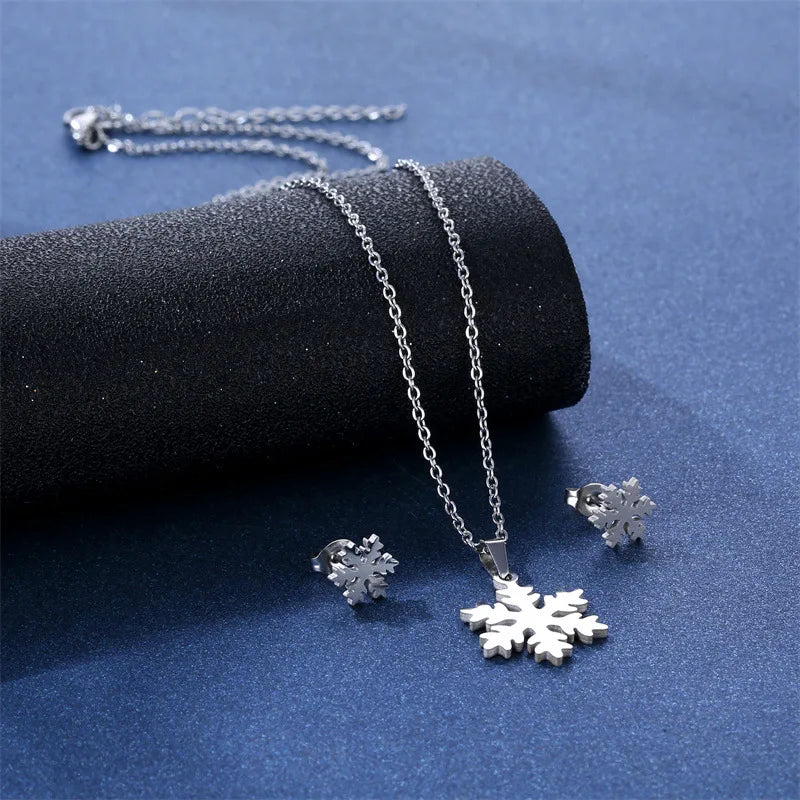 NEW Christmas Decoration Earrings Snowflake Necklace Stainless Steel Frozen Elsa's Jewelry Set Gift for Kids Girl Winter