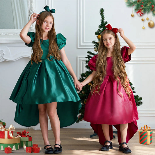 Girls Dress with Trailing Skirt Bubble Sleeves Satin Dress Piano Performance Dress Princess Dress Christmas Party Kids Clothes