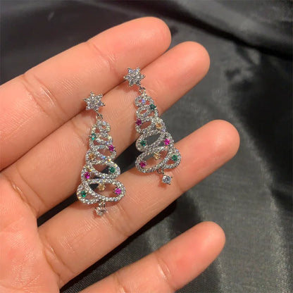 2023 New Zircon Christmas Tree Earrings for Women Shiny Rhinestone Star Pearl Stud Earring New Year Xmas Festival Ear Jewelry