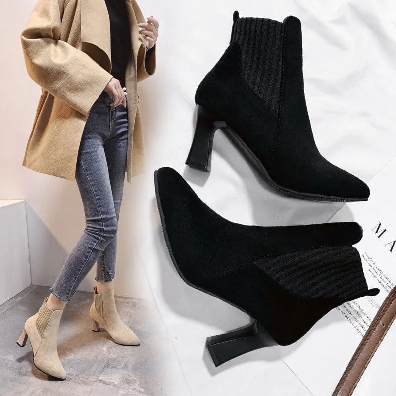 Ankle Boots Women Autumn Pointed Toe Knitted Warm Elastic Women's Shoes Shoes Casual High Heels Platform Boots Botas De Mujer