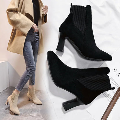 Ankle Boots Women Autumn Pointed Toe Knitted Warm Elastic Women's Shoes Shoes Casual High Heels Platform Boots Botas De Mujer