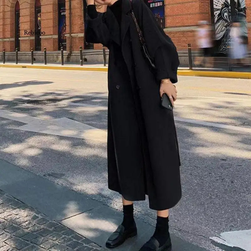 Winter Autumn Christmas Red Black Loose Long Wool Coat Jacket Belt Woolen Overcoat Korean Women Split Hem Cardigan Outerwear