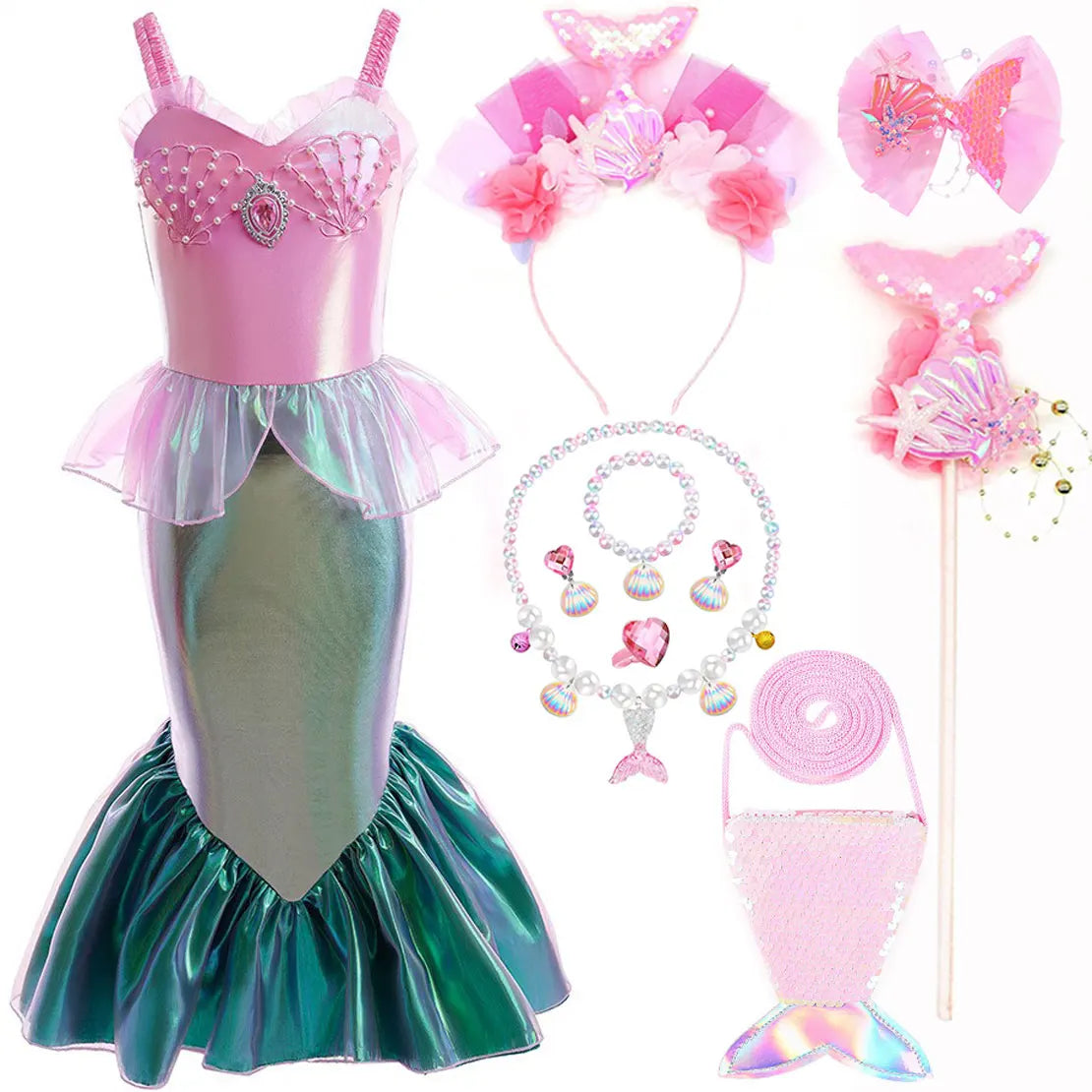 Disney Halloween Festival Mermaid Ariel Cosplay Dress for Girl Christmas Carnival Pink Pearl Inlay Clothing Ball Gown Dress Suit