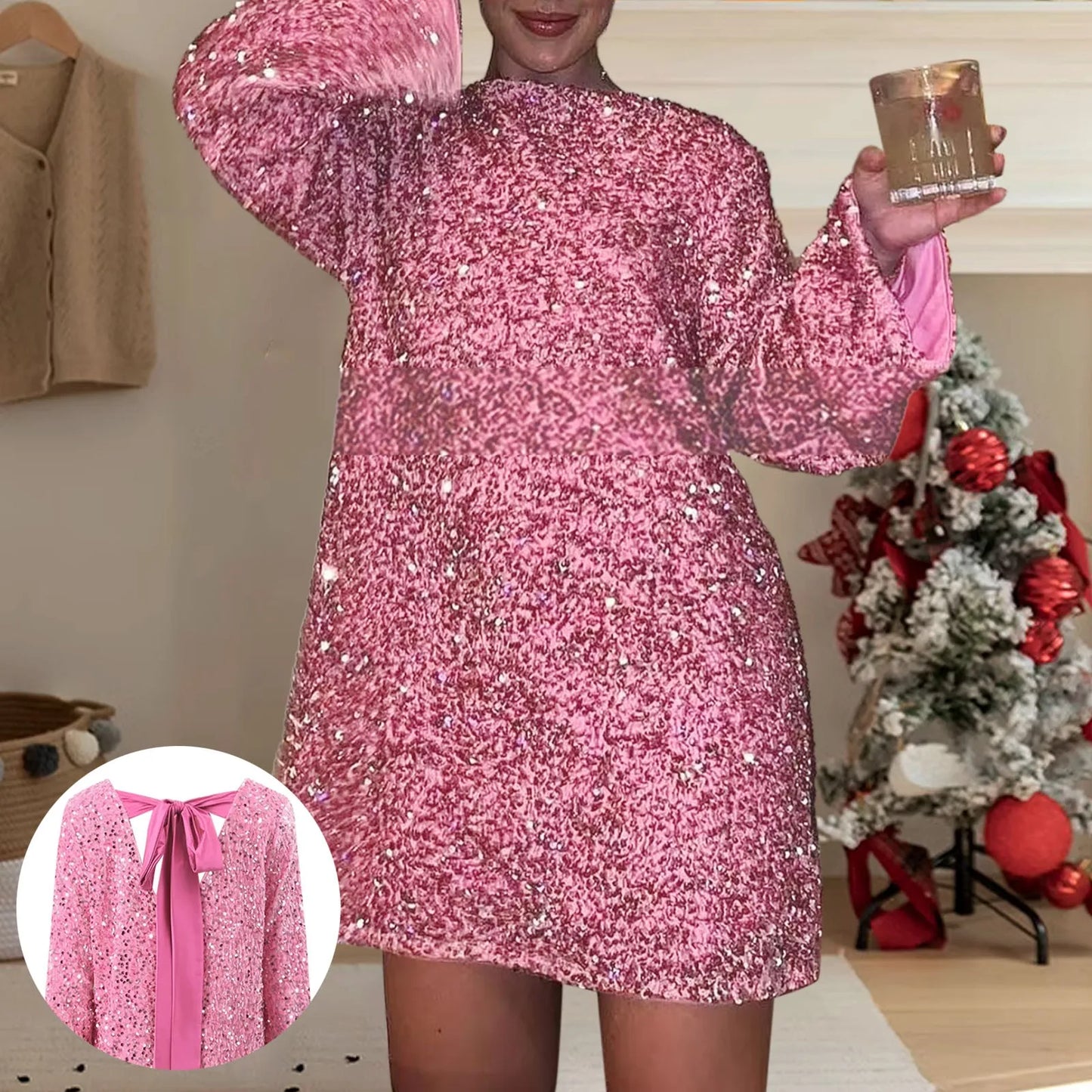 Women Shiny Sequin Party Dress Elegant Backless Bowknot O Neck Dresses Long Sleeve Glitter Evening Dress Sexy Ladies Vestidos