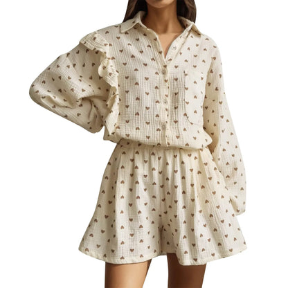 Cotton Linen Ruffle Shirt Shorts Two Piece Set for Women Summer Home Heart Pattern Long Sleeve Button Blouse Short Set Outfits