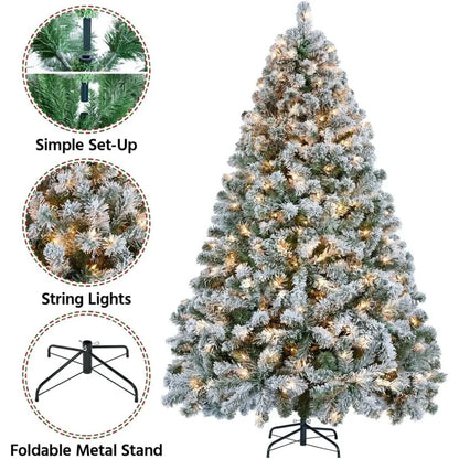 6ft Pre-lit Artificial Christmas Tree with Incandescent Warm White Lights, Snow Flocked Full Prelighted Xmas Tree