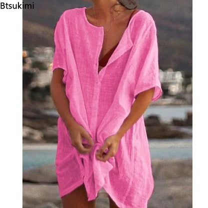 2024 Women's Cotton Linen Beach Dress Solid Summer Casual Cover-ups Midi Dresses Soft Loose Tunics Female Shirt Dress Robe S-5XL