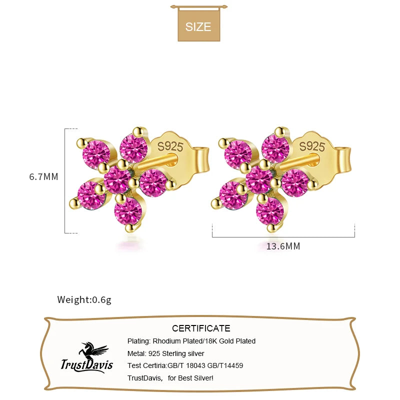 TrustDavis Real 925 Sterling Silver Fashion Flower Colour CZ Stud Earrings For Women Daughter Girls Birthday Gift Jewelry DF247