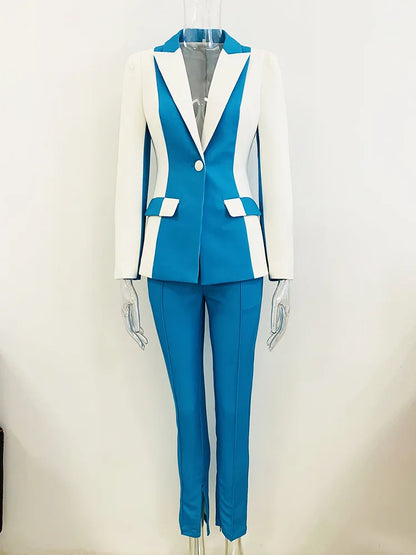 HIGH STREET Newest 2024 Designer Runway Suit Set Women's Contrast Color Blazer Pencil Pants Suit 2pcs