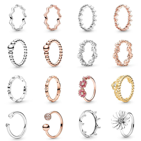 925 Sterling Silver Ring Charms Rose Gold Stripe Design Round Ball Diy Crystal Flower Finger Ring for women pandora Jewelry