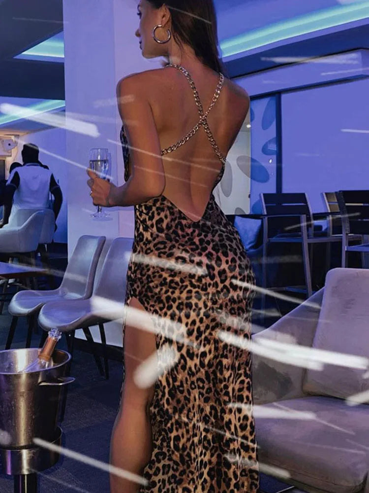 Leopard Print Women Chain Strap Side Slit Maxi Dress Backless Bodycon Sexy Streetwear Festival 2024 Evening Elegant