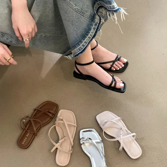 2024 Summer Gladiator Women Sandals Fashion Elegant Narrow Band Clip Toe Shoes Ladies Comfort Flats Beach Sandalias