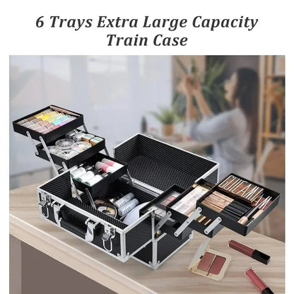 FRENESSA Makeup Train Case 12 Inch Large Portable Cosmetic Case - 6 Tier Trays Professional Makeup Storage Organizer Box Make Up