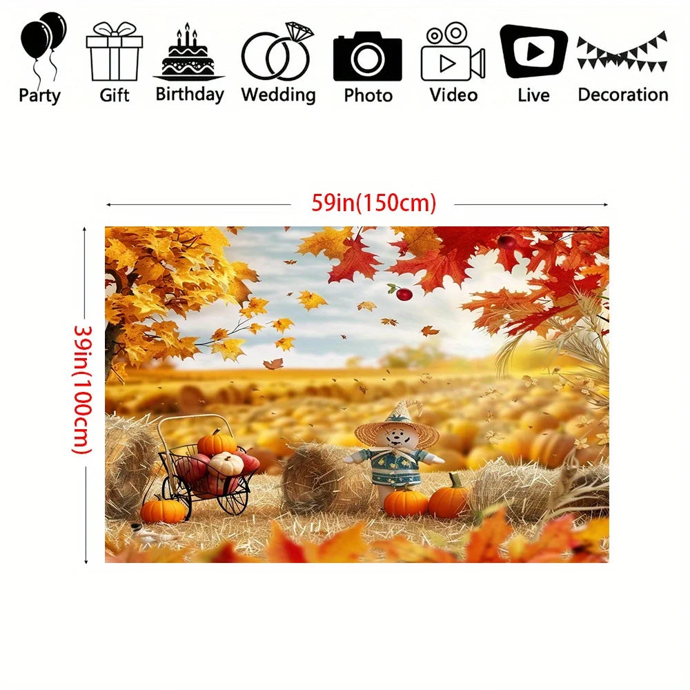 Autumn Harvest Thanksgiving Background Cloth - Pumpkin, Hay, and Maple Leaf Patterns | Multi functional Polyester Decoration|