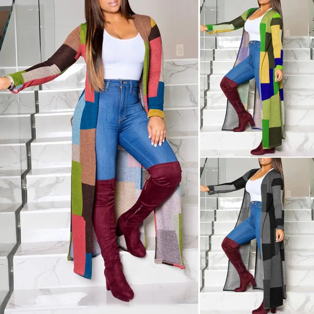 Colorblock Long Sleeve Casual Longline Cardigan Coat Casual Elegant Autumn Spring New Fashion Women's Outfits Female Clothing