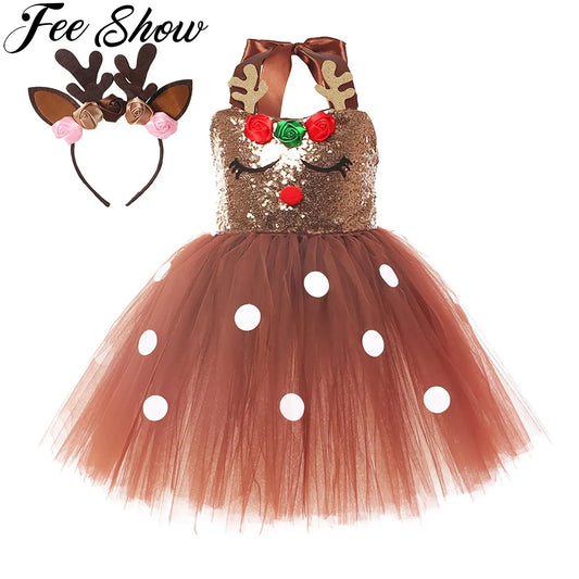 Brown Sequin Deer Costumes for Girls Christmas Princess Dresses Kids Reindeer Cosplay Outfit Children New Year Clothes Xmas Gift