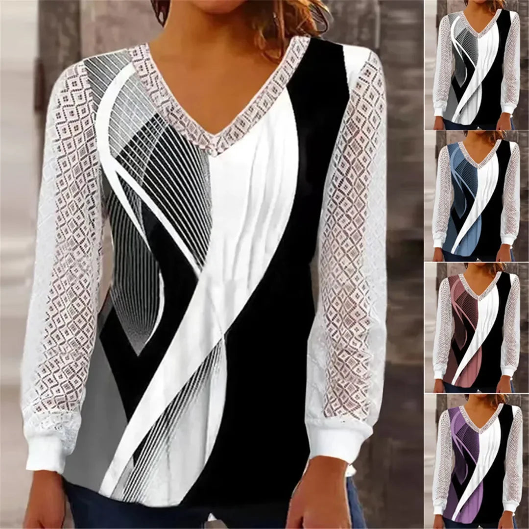 Fall Winter 2024 New V-neck Loose Geometric Pattern Print Fashion Openwork Lace Top Casual Sexy and Elegant Perspective Quilting