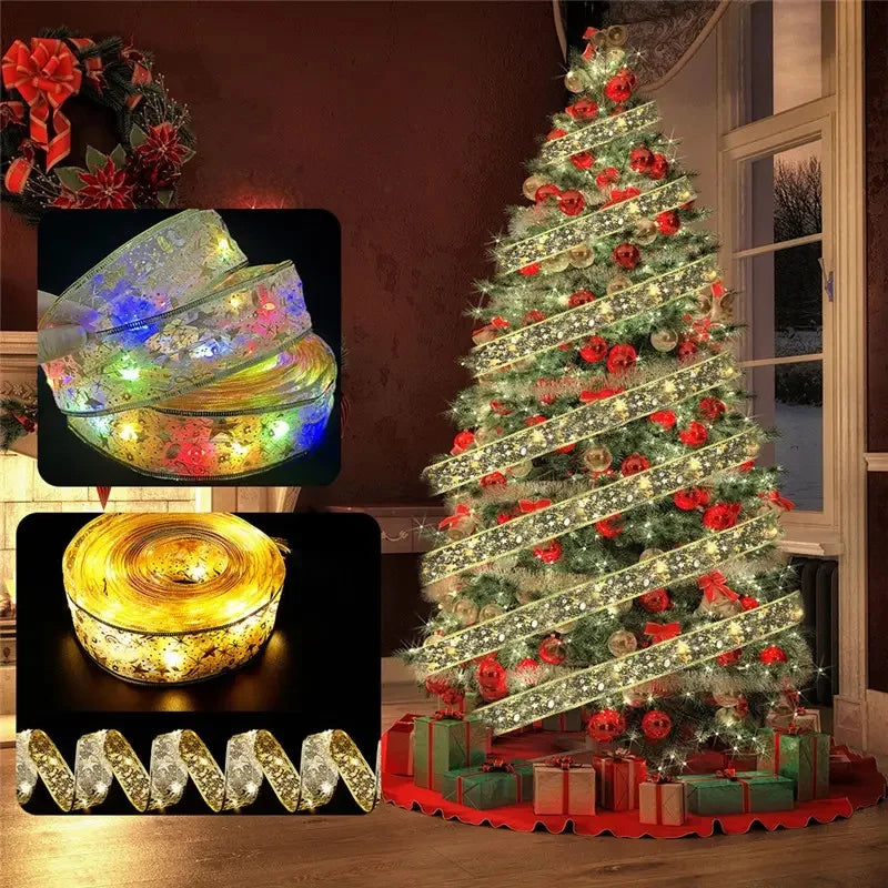 Christmas Luminous Bow Decoration Golden Christmas Ribbon Fairy String Lights for Home Party Christmas Tree and Gift Decor