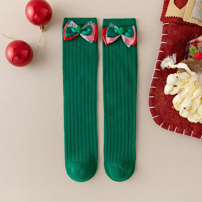 Baby Girls Christmas Socks Autumn Winter 2024 New Kids Cute Red Green 3D Bowknot Appliques Xmas Long Socks Fashion Children