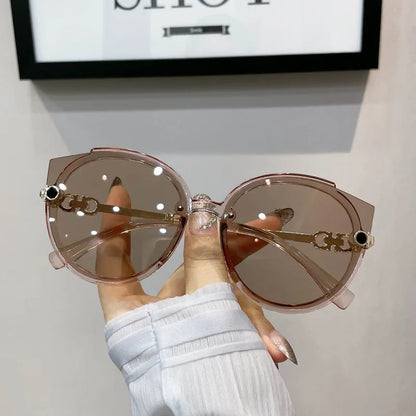 2024 New Vintage Cat Eye Round Sunglasses Women's Korean Version Metal Rimless Gradient Sun Glasses Luxury Shades UV400