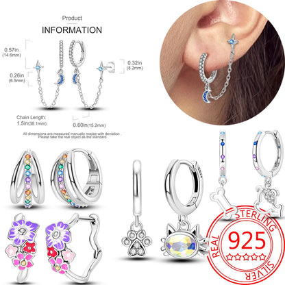 Lovely 925 Sterling Silver Colorful Double Layer Starry Moon&Cat and Dog Cute Pet&Pink and Purple Flower Earrings Girl Jewelry