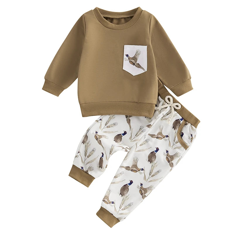 2024-08-19 Lioraitiin Baby Boy Girl Outfits Wild Goose Print Pullover Sweatshirt Elastic Waist Pants with Pockets Clothes Set