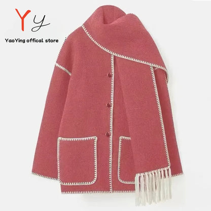 2024 Autumn Winter Women's Double Pocket Fashionable Collar Single Breasted Wool Coat Thick Loose Casual Straw Scarf Tassel Top