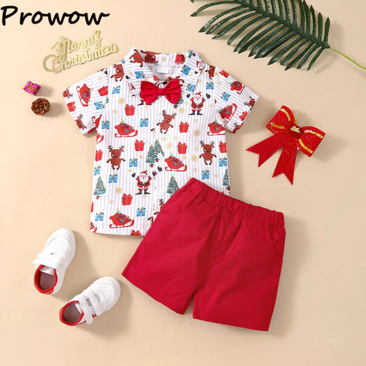 Toddler Boys Christmas Outfits Gentleman Sets For Kids Short Sleeve Deer Shirt and Red Shorts New Year Costume For Children Baby