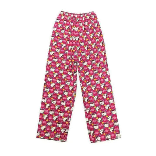 Hello Kitty Pants Women's Spring And Autumn New Wide-leg Trousers Cute Cartoon Fashion Loose Elastic Waist Casual Printed Pants