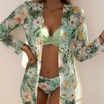 Three Pieces Bikini Set Cover Up Women New Push Up Twist Swimsuit Print Long Sleeve Swimwear Biquini Bathing Suit Summer