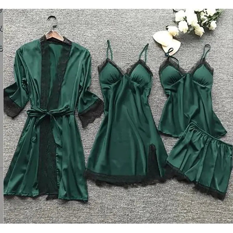 4PCS Sleepwear Pajamas Set Silk Women Nightdress Lace Dress Robe Sleep Nightwear Silk Solid Color Pijama Sets