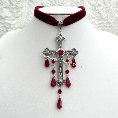 Large Cross Choker, Red Goth Choker, Gothic Cross, Goth Cross Velvet Choker, Red Velvet Choker with Cross, Velvet Cross Choker,