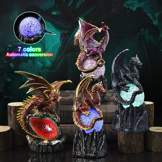 7 Color Change Lava Resin Base Dragon Statues Luminescent Dinosaur Holy Dragon Battle Dragon Home Desktop Sculpture Kids Gifts