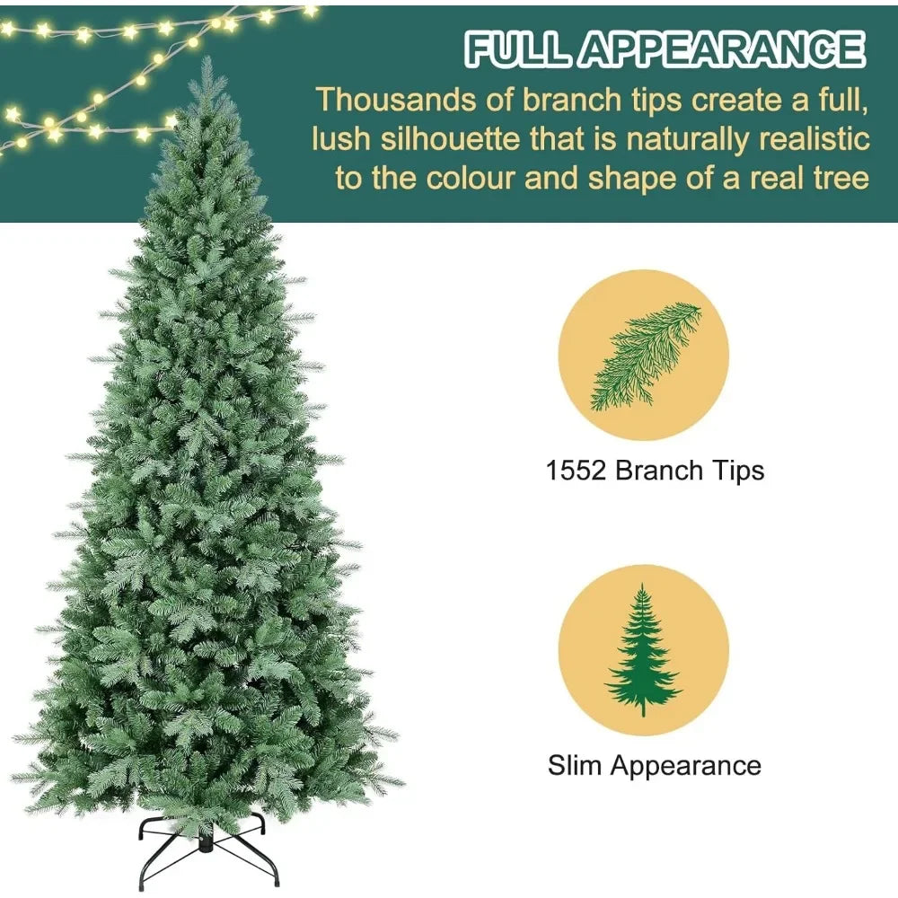 7 FT Artificial Skinny Christmas Tree,Unlit Blue Spruce Slim Pencil Xmas Tree with 1552 PE&PVC Mixed Branch Tips,