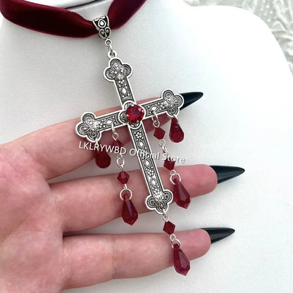 Large Cross Choker, Red Goth Choker, Gothic Cross, Goth Cross Velvet Choker, Red Velvet Choker with Cross, Velvet Cross Choker,