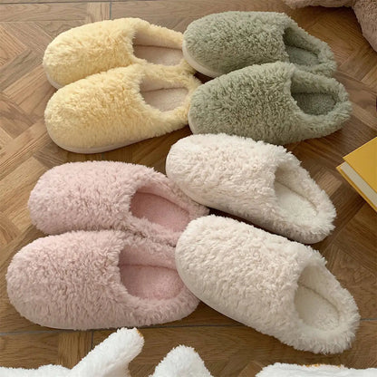 Japanese Simple Solid Color Home Slippers For Women Girls Cute Fluffy Winter Warm Indoor Bedroom Slides Female Furry Shoes