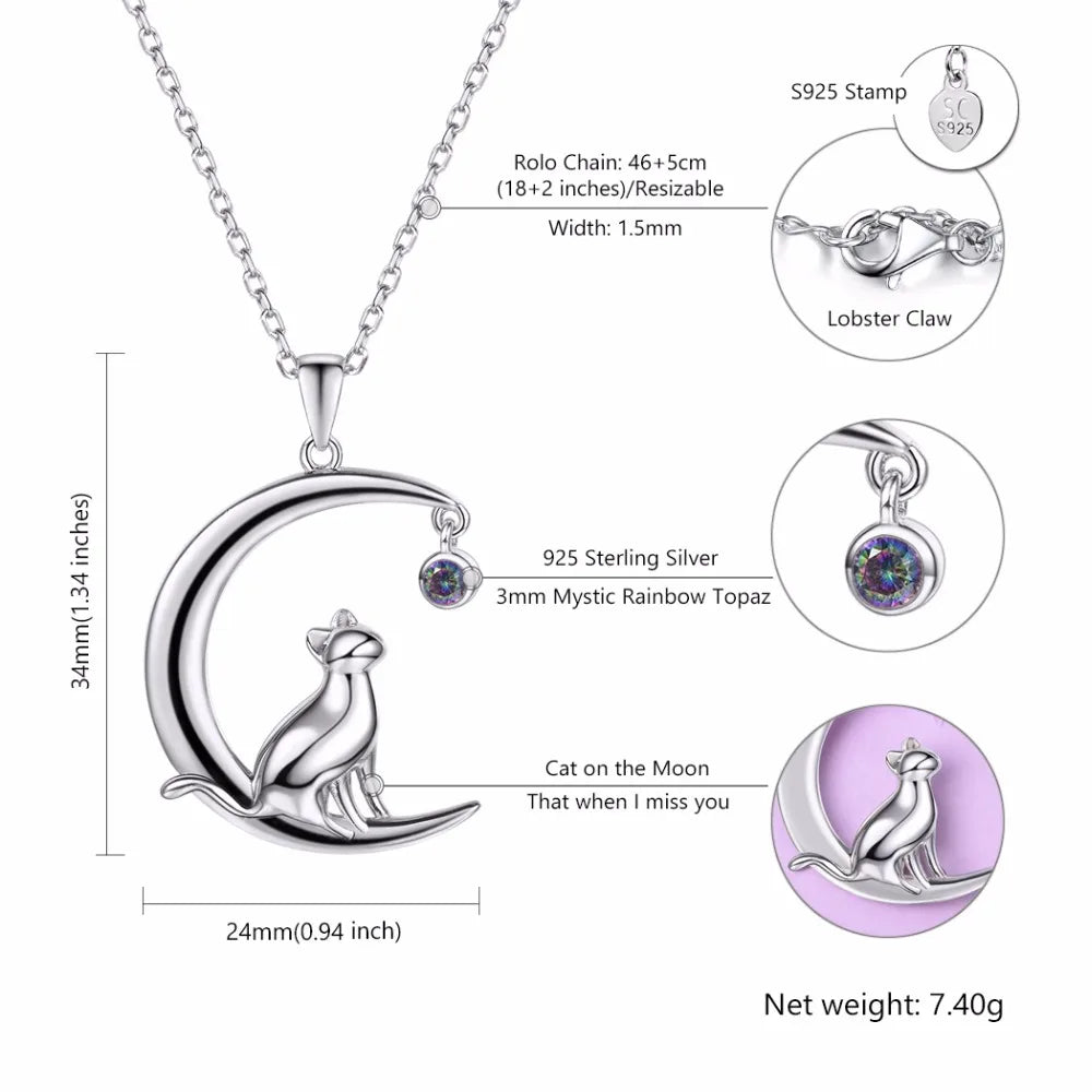 U7 Authentic 100% 925 Sterling Silver Cat Moon Necklace Meditation Women Jewelry   Chain & Pendant Valentine Gift SC17