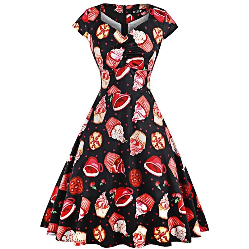 OTEN Halloween Summer skater dress elegant Vintage Red Sugar Skulls Flower print 50s rockabilly Evening Party Plus size Dresses