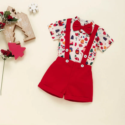 Christmas Suit Infant Bow Short Sleeve Polo Romper + Brace Set Newborn Baby Girl Boy Clothes